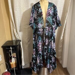 Torrid Black Swiss Dot Purple & Turquoise Floral Sheer Duster, Size 4